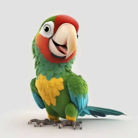 Cartoon cheerful parrot on a white background. AI generative. illustration in photorealistic style.の素材