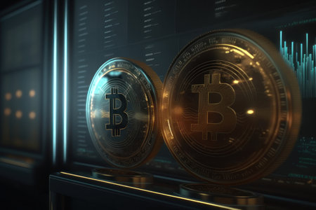 Currency rate charts and two bitcoin coins. AI generative. illustration in photorealistic style.の素材