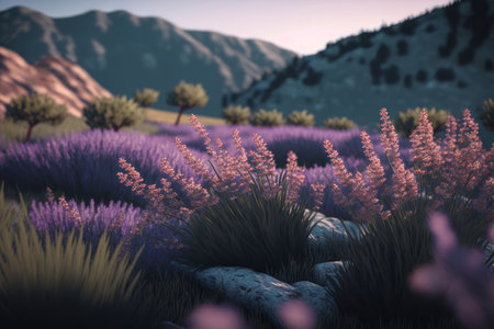 Beautiful lavender field in the mountains. AI generative. illustration in photorealistic style.の素材