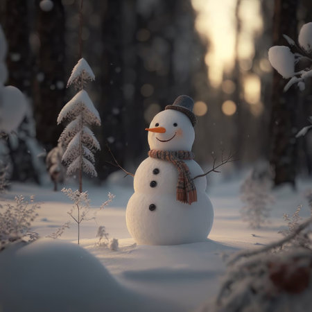 snowman in the forest. AI generative. illustration in photorealistic style.の素材