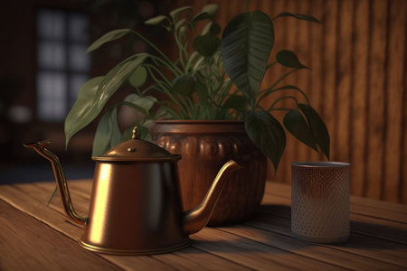 A plant in a pot and a watering can. AI generative. illustration in photorealistic style.の素材