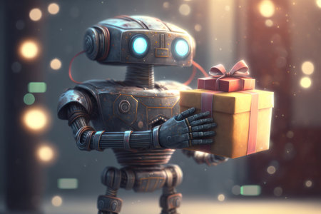 The robot is holding a gift. AI generative. illustration in photorealistic style.の素材
