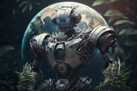 Robot on the background of the planet Earth in the forest. AI generative. illustration in photorealistic style.の素材