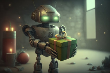 Robot with a gift. AI generative. illustration in photorealistic style.の素材