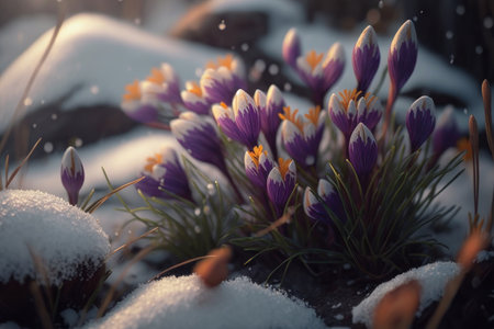 Flowers in the snow, spring. AI generative. illustration in photorealistic style.の素材