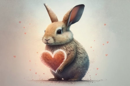 Fluffy rabbit with a heart, watercolor style. AI generative. Illustration in the style of a watercolor painting.の素材