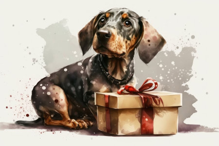 Cute dog with a gift, watercolor style. AI generative. Illustration in the style of a watercolor painting.の素材