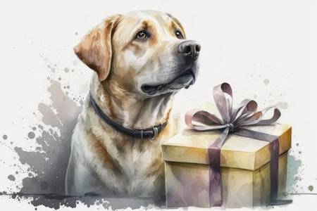 Dog and gift, watercolor style. AI generative. Illustration in the style of a watercolor painting.の素材
