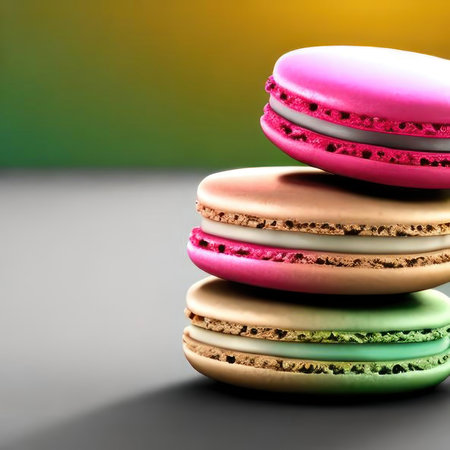 Three multi-colored macaroons. AI generative. illustration in photorealistic style.の素材