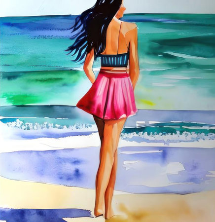 Woman standing on the beach, watercolor. AI generated. Illustration in the style of a watercolor painting.の素材