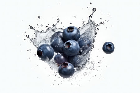 Blueberries and splashes of water on a white background. AI generative. Healthy life, diet, fresh food, healthy eating.の素材