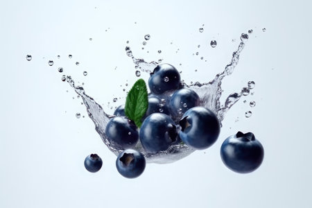 Ripe blueberries and splashes of water on a white background. AI generative. Healthy life, diet, fresh food, healthy eating.の素材