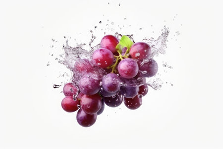 Ripe grapes and splashes of water on a white background. AI generative. Healthy life, diet, fresh food, healthy eating.の素材
