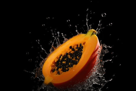 Papaya and splashes of water on a black background. AI generative. Healthy life, diet, fresh food, healthy eating.の素材