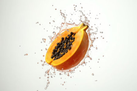 Juicy papaya and splashes of water on a white background. AI generative. Healthy life, diet, fresh food, healthy eating.の素材
