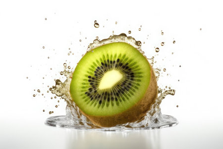 Fresh kiwi and splashes of water on a white background. AI generative. Healthy life, diet, fresh food, healthy eating.の素材