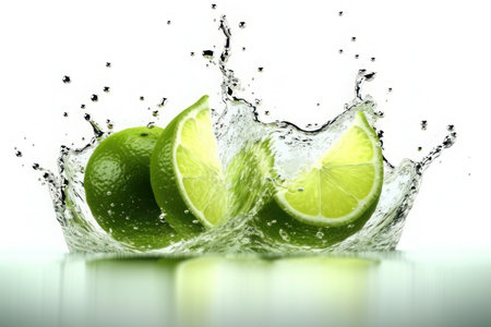 Fresh lime slices and splashes of water on a white background. AI generative. Healthy life, diet, fresh food, healthy eating.の素材