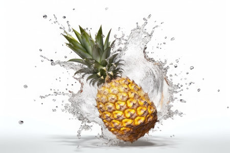 Ripe pineapple and splashes of water on a white background. AI generative. Healthy life, diet, fresh food, healthy eating.の素材