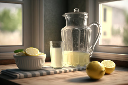 Lemonade in a jug on the table. AI generative. illustration in photorealistic style.の素材