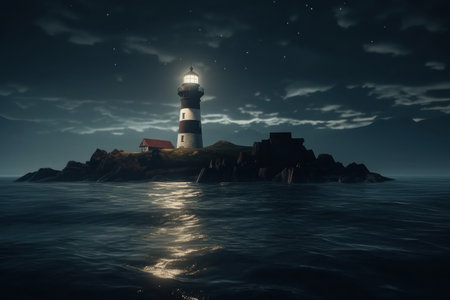 Lighthouse at night. AI generative. illustration in photorealistic style.の素材