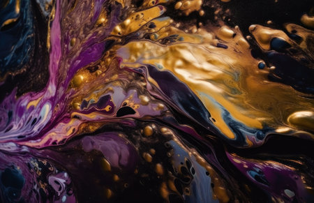 Abstract background in fluid art style. purple and gold colors. AI generative. Background for desktop, site.の素材