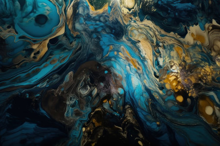 Abstract background in fluid art style. blue and gold paint. AI generative. Background for desktop, site.の素材