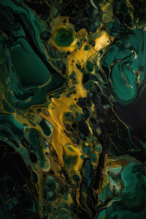 Abstract vertical background in fluid art style. Green and gold acrylic paint. AI generative. Background for desktop, site.の素材