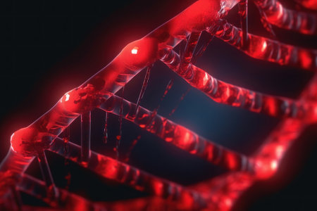 Red DNA helix, human genome. AI generative. illustration in photorealistic style.の素材