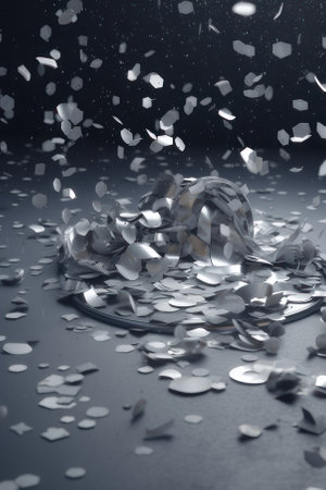 Festive vertical background. Silver confetti falling on a dark background close-up. AI generative. illustration in photorealistic style.の素材