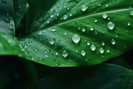 Green leaf and raindrops. Background, texture. AI generative. illustration in photorealistic style.の素材