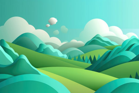 Paper green meadow and sky, summer. Background in papercut style. AI generative. Graphic style illustration.の素材