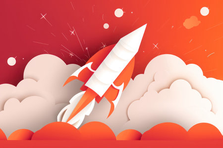 Paper rocket takes off into space. Background in papercut style. AI generative. Graphic style illustration.の素材