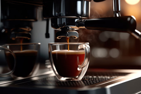 Espresso pours into a cup from a coffee machine. AI generative. illustration in photorealistic style.の素材