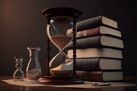 Hourglass and books. AI generative. illustration in photorealistic style.の素材
