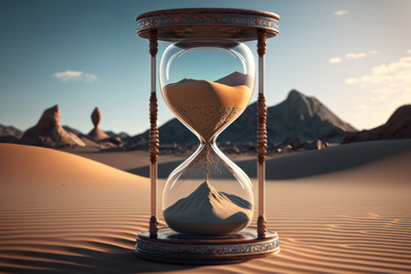 Hourglass in the desert. AI generative. illustration in photorealistic style.の素材
