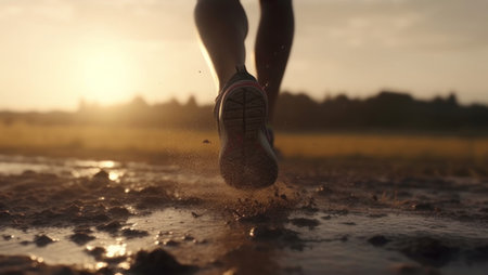 The runner runs in the mud at sunset, legs in sneakers close-up. AI generative. illustration in photorealistic style.の素材