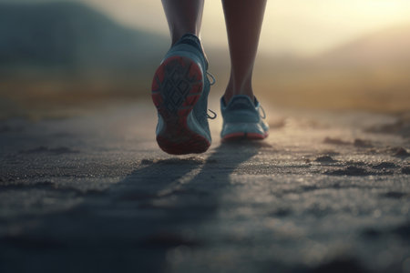 The runner runs on the road, legs in sneakers close-up. AI generative. illustration in photorealistic style.の素材