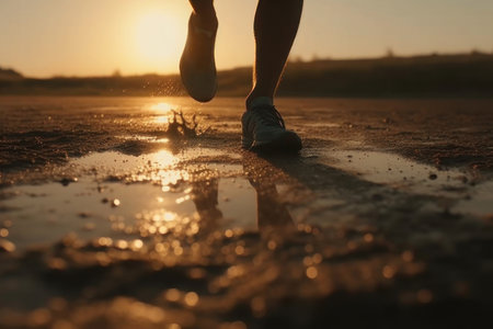 A runner runs on a wet road at sunset, legs in sneakers close-up. AI generative. illustration in photorealistic style.の素材