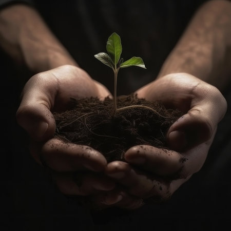 Hands hold a sprout in the ground. AI generative. illustration in photorealistic style.の素材