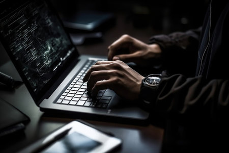 Human hands are typing on a laptop. AI generative. illustration in photorealistic style.の素材