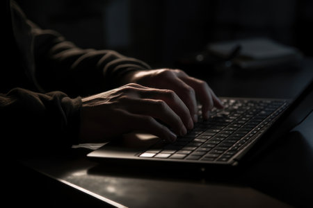 Human hands with a laptop. AI generative. illustration in photorealistic style.の素材