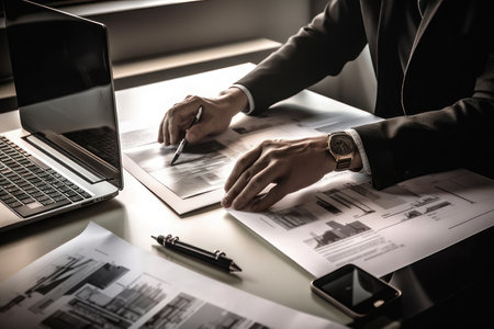 Hands of a man on a table with a laptop and documents, business negotiations. AI generative. illustration in photorealistic style.の素材