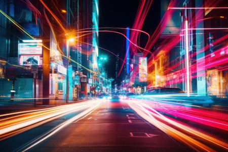 Timelapse, movement of light, speed in the city on the road. AI generative. illustration in photorealistic style.の素材