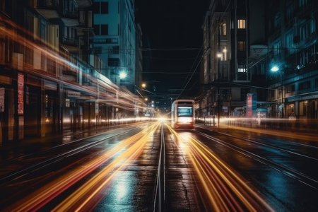 Timelapse, the movement of light in the city on the tram road. AI generative. illustration in photorealistic style.の素材