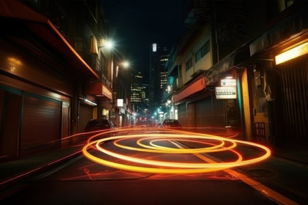 Time lapse, light movement, speed in the city. AI generative. illustration in photorealistic style.の素材