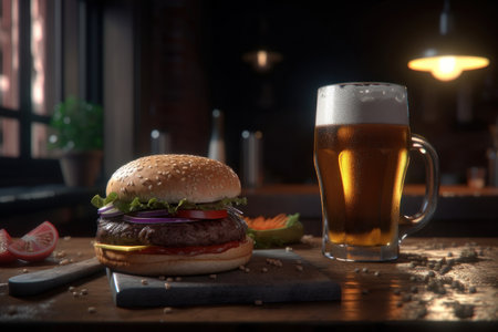 Burger and beer on the table in the restaurant. AI generative. illustration in photorealistic style.の素材
