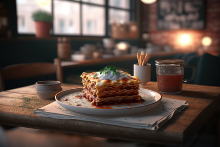Lasagna in a plate on a table in a cafe. AI generative. illustration in photorealistic style.の素材