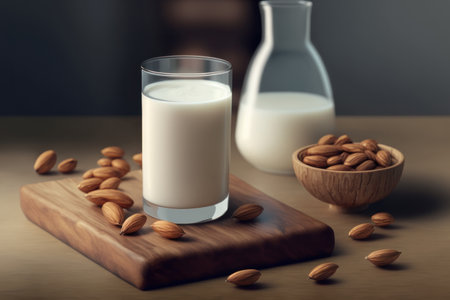 Almond milk and almond nuts on the table. Alternative milk, diet. AI generative. illustration in photorealistic style.の素材