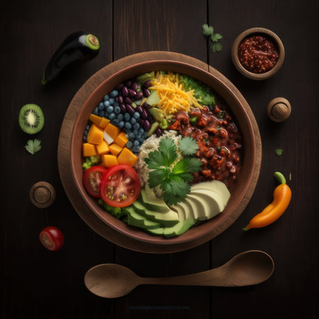 Bowl with healthy food, top view. Proper nutrition, diet, health. AI generative. illustration in photorealistic style.の素材