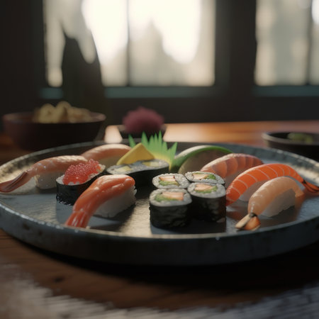 Sushi and rolls in a restaurant. AI generative. illustration in photorealistic style.の素材